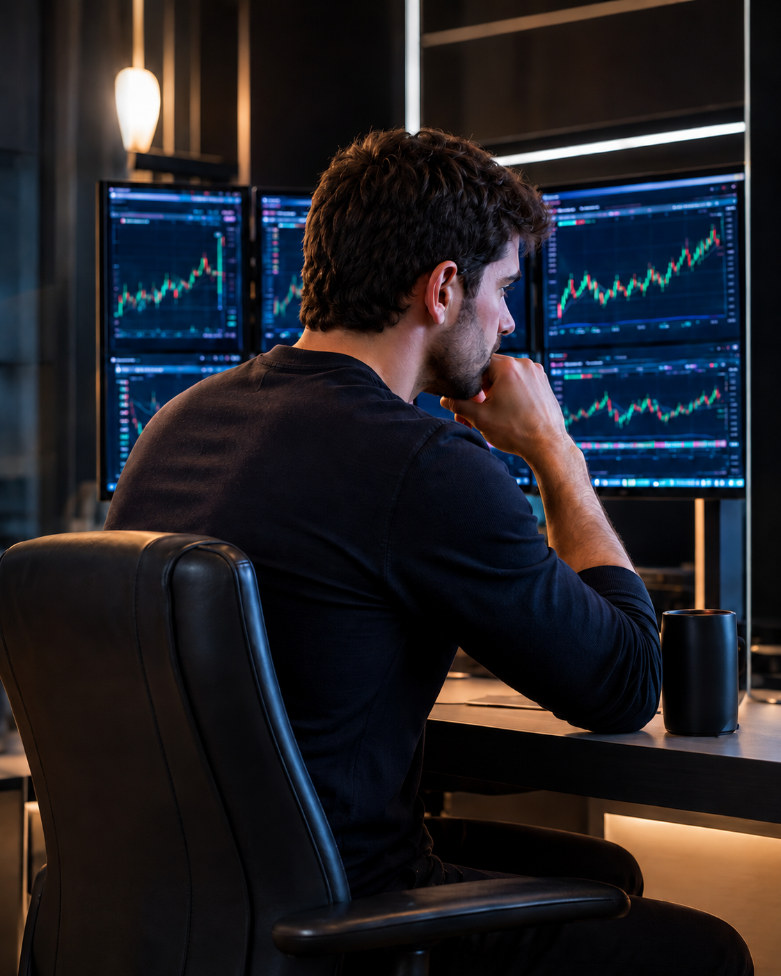 Analyst studying market charts on multiple screens