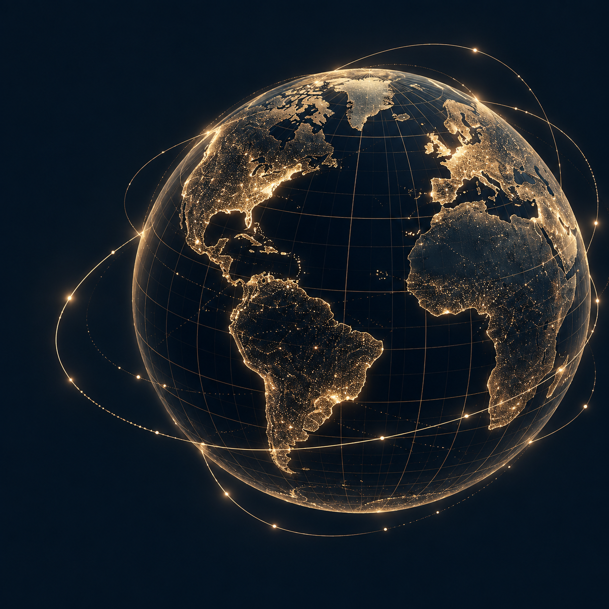Golden globe with continents and connections between markets